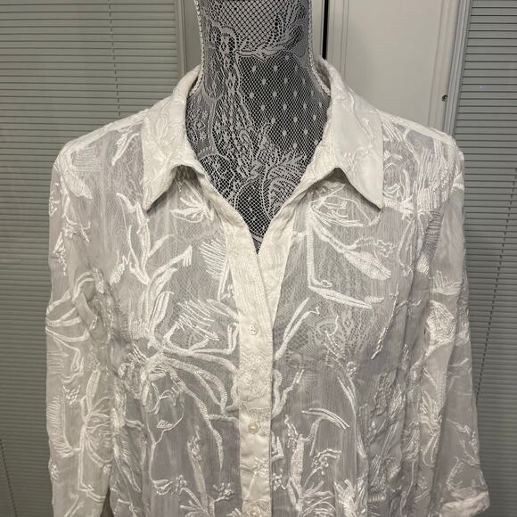 Dana Buchman Sheer Button Up Blouse Embroidered Top White Ivory XL - Picture 2 of 16